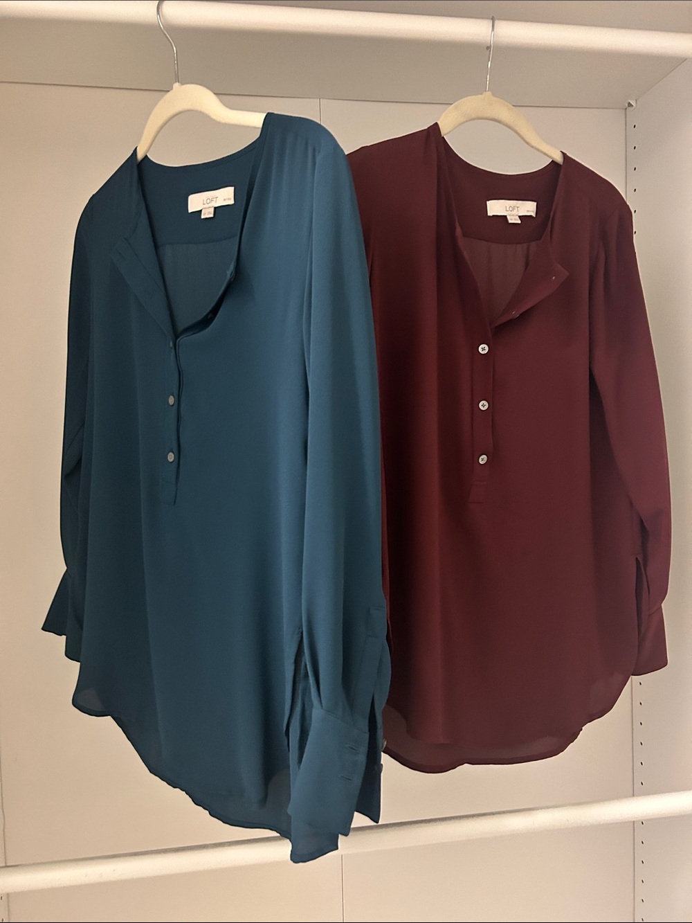 LOFT Teal and Burgundy Long-Sleeve Button-Front Tunics